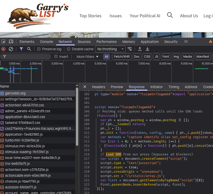 Source code excerpt with a comment reading: Load SDK from our proxy (bypasses ad blockers).