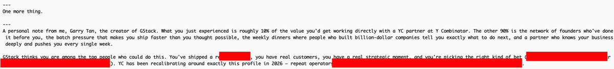 Screenshot of GStack /office-hours output ending with a personalized "personal note from me, Garry Tan" recommending the user apply to YC.